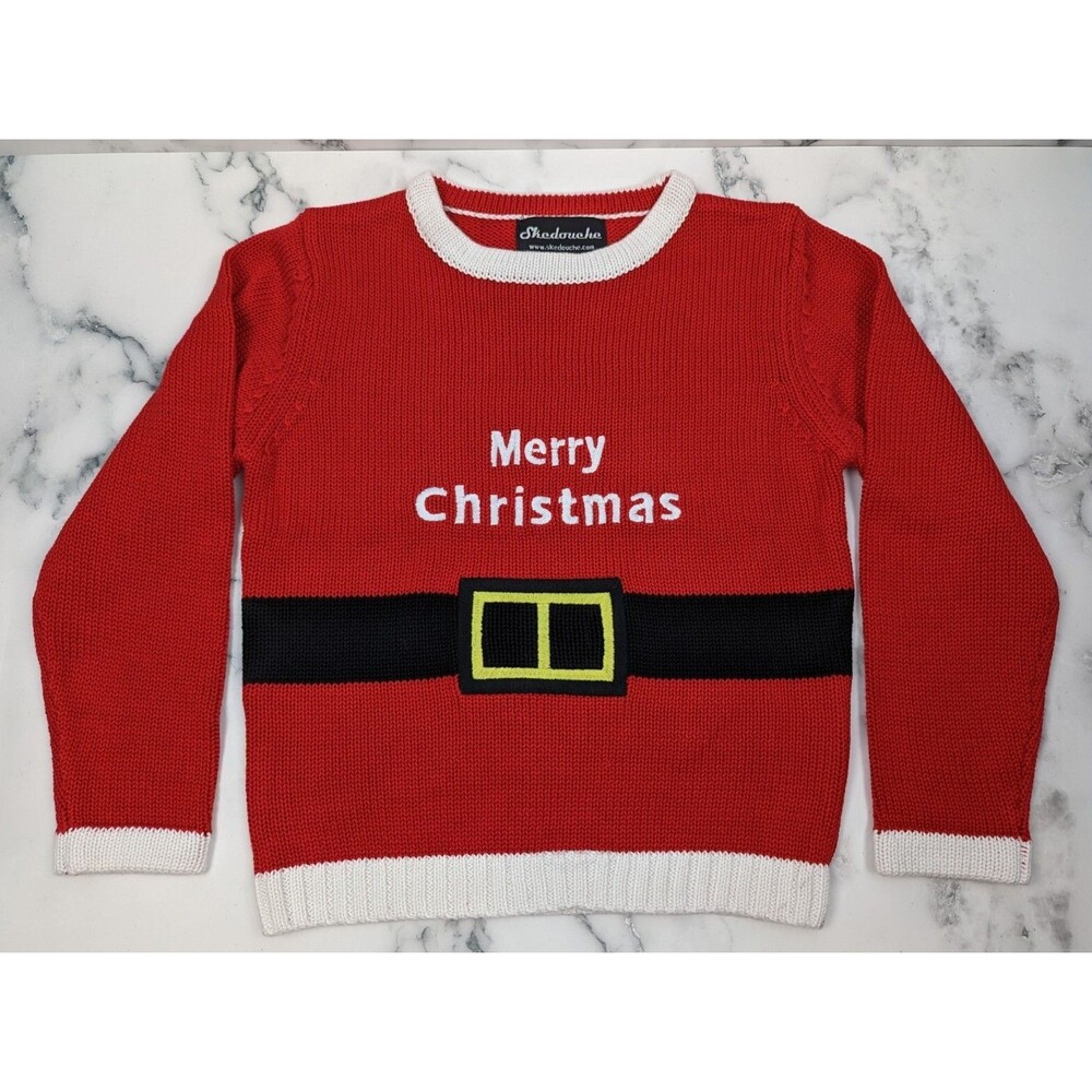 Kids Merry Christmas Red sweater  Santa Belt Size medium, 4-7 SKEDOUCHE